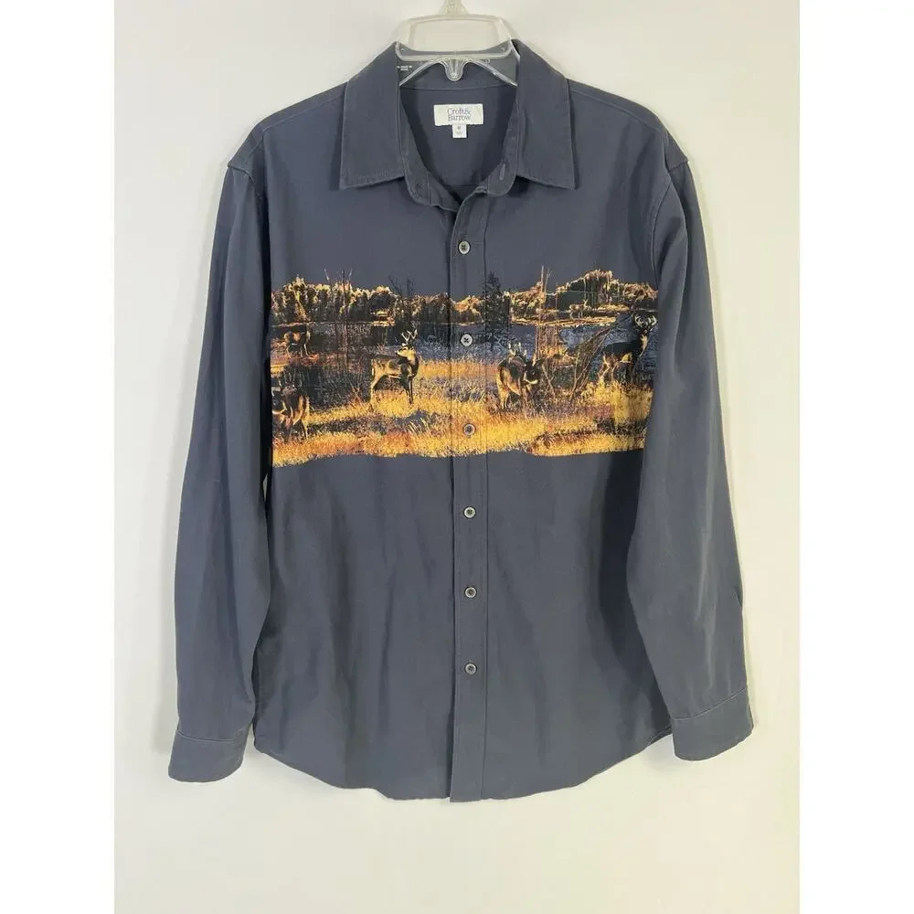 Croft & Barrow Shirt Mens M‎ Navy Deer Graphic Long Sleeve Button Up 100% Cotton